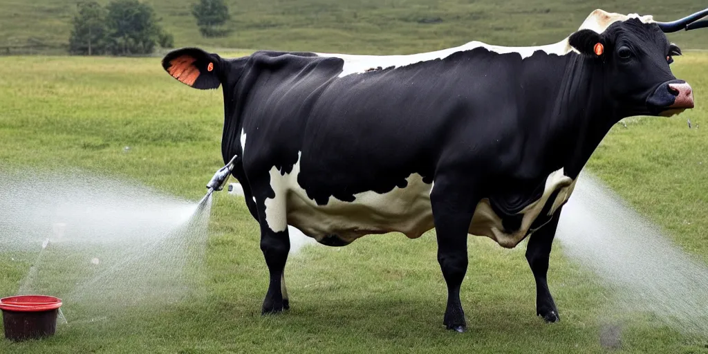 Image similar to a cow with big udders spraying milk everywhere