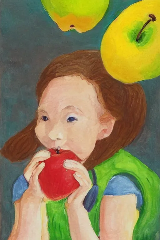 Image similar to a girl eating an apple by dr. suess