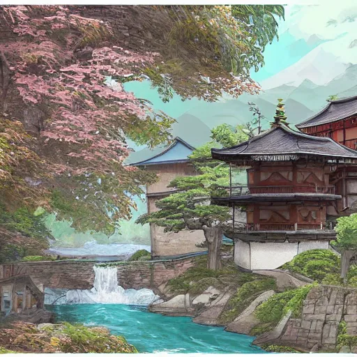 Prompt: concept art painting of a historic mill with japanese architecture, by a river in a woodland village surrounded by trees and mountains, realistic, detailed, cel shaded, in the style of makoto shinkai and greg rutkowski and james gurney