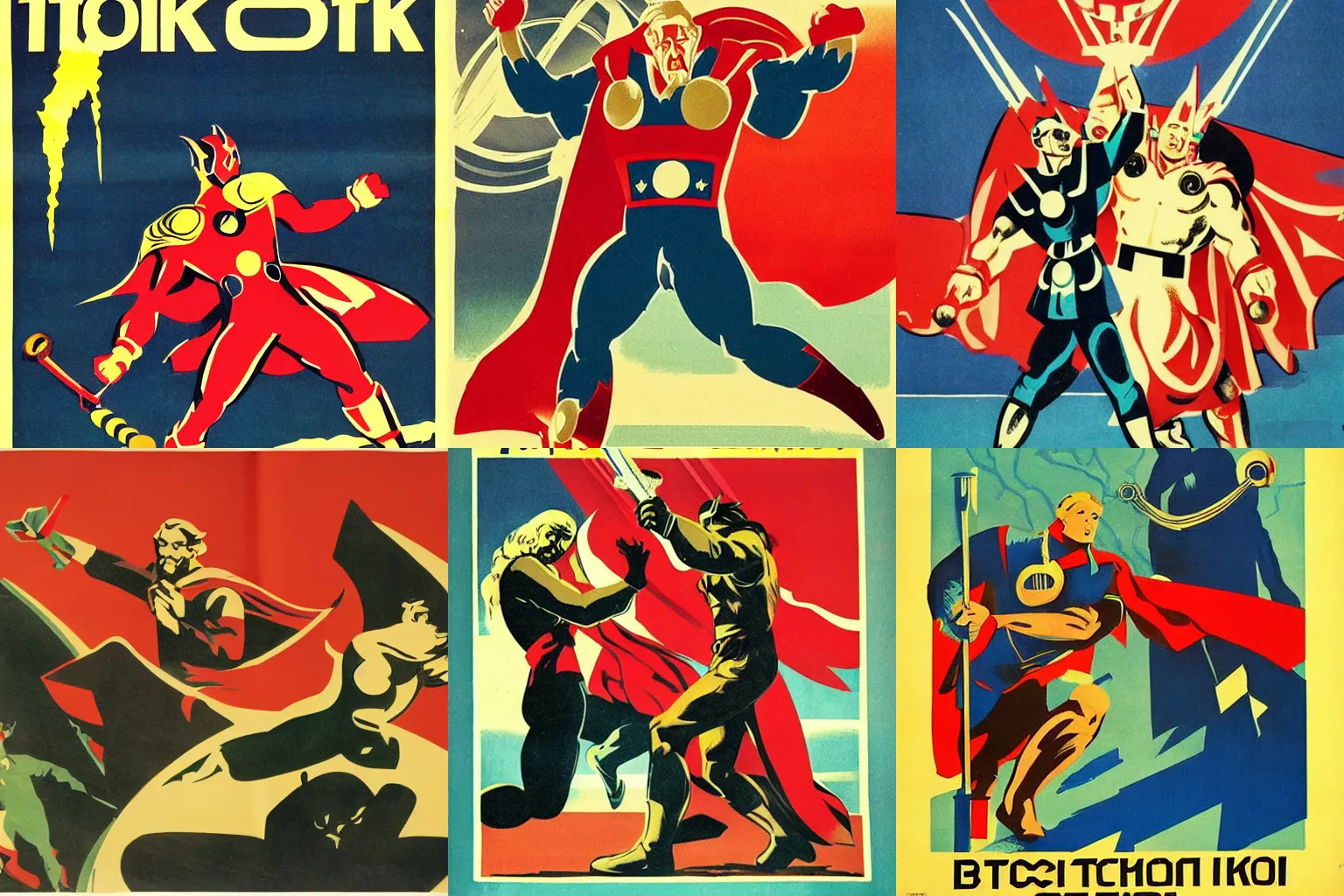 Prompt: soviet propaganda poster of thor fighting loki