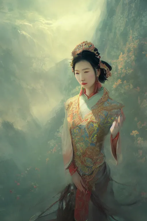 Image similar to chinese princess, gorgeous, portrait, intricate, elegant, volumetric lighting, scenery, digital painting, highly detailed, artstation, sharp focus, illustration, concept art, ruan jia, steve mccurry