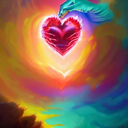 Image similar to a beautiful acrylic painting by andreas rocha and Anato Finnstark of a heart bursting out of a rib-cage and turning into rainbows and sunflowers, neon pastel color palette, soft feminine elegant