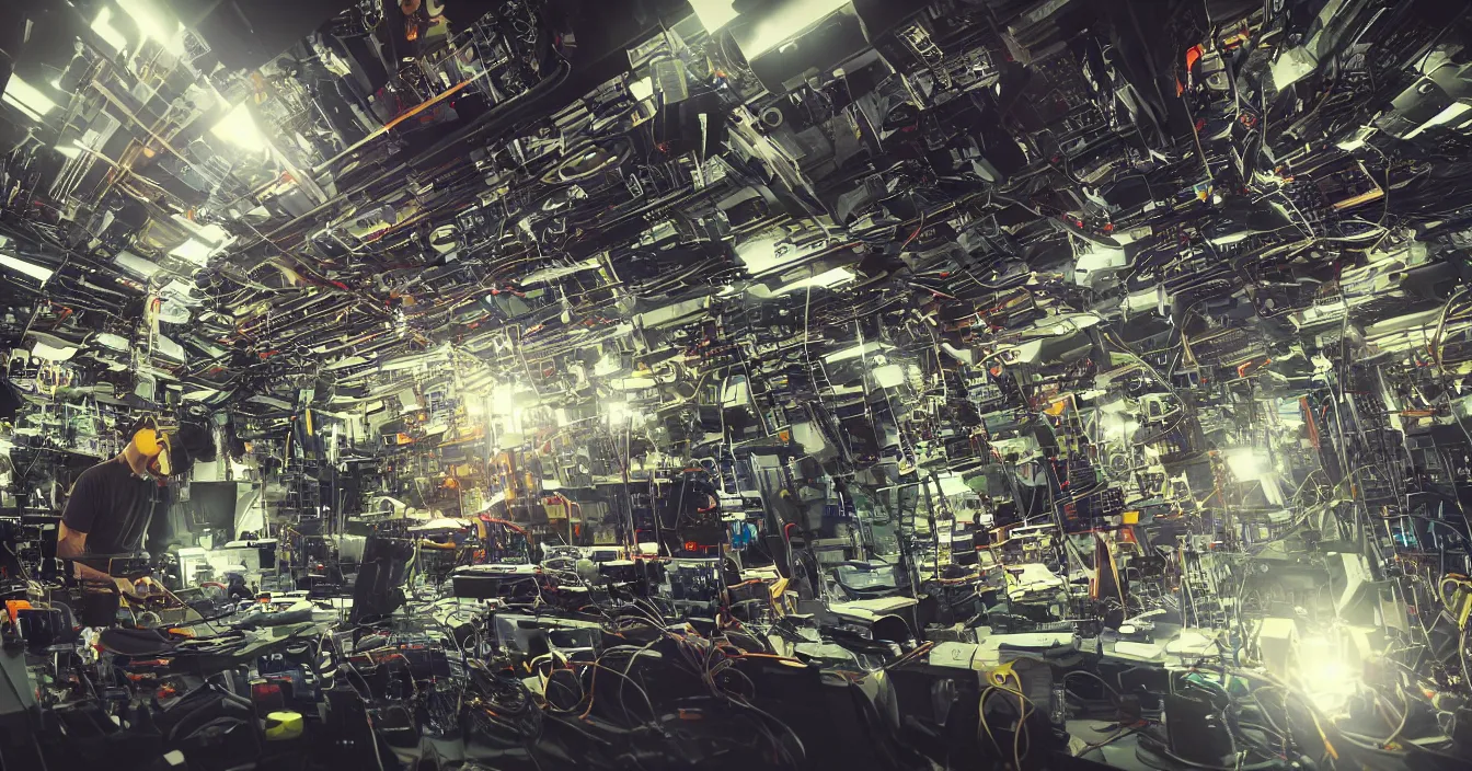 Image similar to Realistic wide photo of a room interior of hardware Engineer and scientist from future, full of various electronic hardware components, devices and instruments, incredible sharp details, light contrast, dramatic dark atmosphere, bright vivid colours, reclections, metal speculars, Digital Domain, ILM, journalistic photography