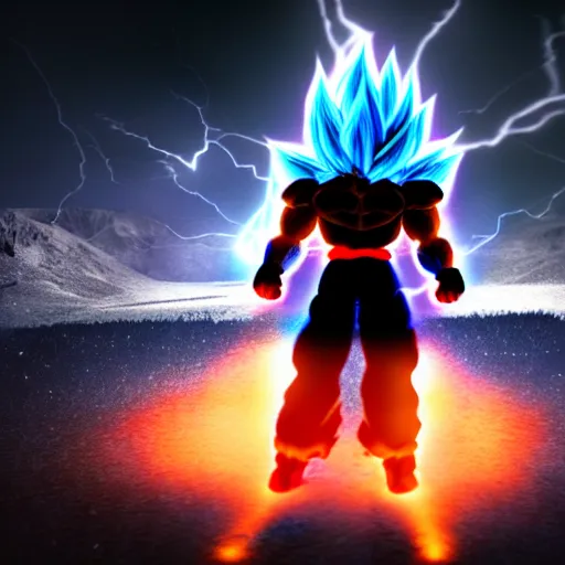 Prompt: full shot of angry darkness goku super saiyan at moonlight, snowing, lightning bolt, eruption, detailed, unreal engine 4k volumetric light, fog,