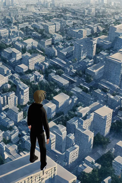 Image similar to Man in black adidas tracksuit looking atop of a urban plateau filled with soviet apartment buildings, golden hour, dreamy, beautiful clouds, ultra detailed beautiful lighting, 4k, wallpaper, russian cityscape, beautiful artwork by Makoto Shinkai