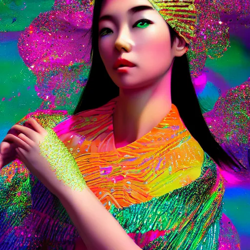 Image similar to japanese lady god, bright colors, fashion model, portrait shot, glitter, depth of field, 8 k, hyper detailed, intricate, trending on artstation