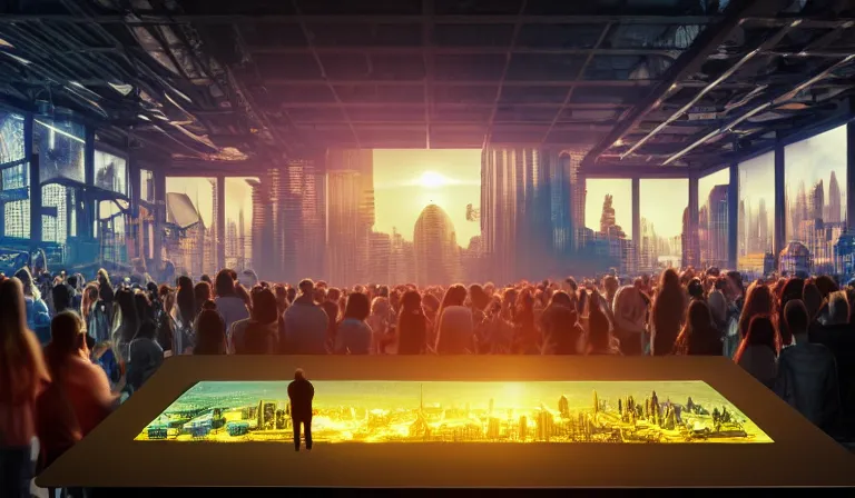 Prompt: crowd of people in humble warehouse, looking at hologram of futuristic city on a table, cinematic concept art, godrays, golden hour, natural sunlight, 4 k, clear details, tabletop model buildings, center model buildings, hologram center, crane shot, crane shot, crane shot