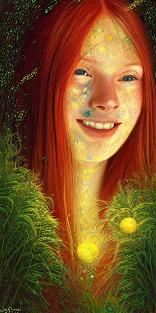 Image similar to infp young woman, smiling amazed, golden fireflies lights, sitting in the midst of nature fully covered, long loose red hair, intricate linework, bright accurate green eyes, small nose with freckles, oval shape face, realistic, expressive emotions, dramatic lights spiritual scene, hyper realistic ultrafine art by michael cheval, jessica rossier, boris vallejo