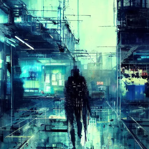 Image similar to a cyberpunk, wires, machines, in a dark future city by jeremy mann, francis bacon and agnes cecile, ink drips, paint smears, digital glitches glitchart c - 1 0