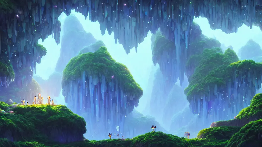 Image similar to crystal cave, clusters of crystals, studio ghibli, pixar and disney animation, sharp, rendered in unreal engine 5, highly detailed, digital painting, artstation, concept art, smooth, sharp focus, illustration, wide angle, artbook, wallpaper, splash art, promo art, dramatic lighting, art by artgerm and greg rutkowski and bo chen and jin xiaodi