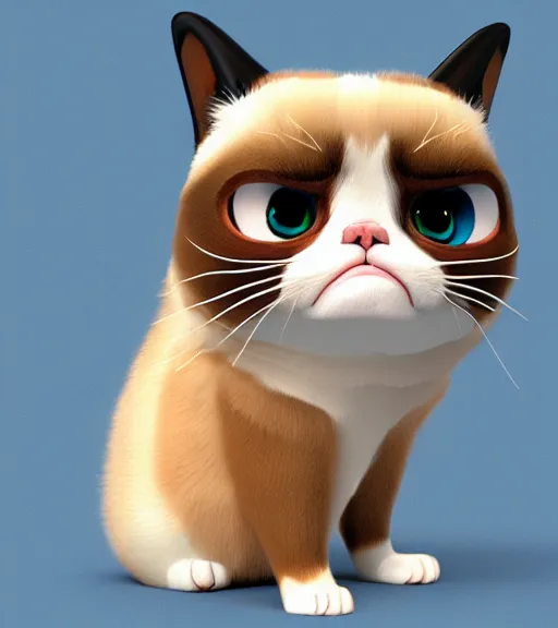 Image similar to Fanart 3D model of grumpy cat with a big giant grin on his adorable little face, kawaii grumpy cat model, lucky cat grumpy cat, trending on artstation, cycles render, character sculpt, perfect lighting, highly detailed background, For Hire 3D artist, Pixar and Industrial