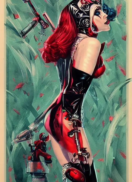 Image similar to beautiful lady gaga as harley quinn, horror, high details, intricate details, by vincent di fate, artgerm julie bell beeple, 1 9 8 0 s, inking, vintage 8 0 s print, screen print