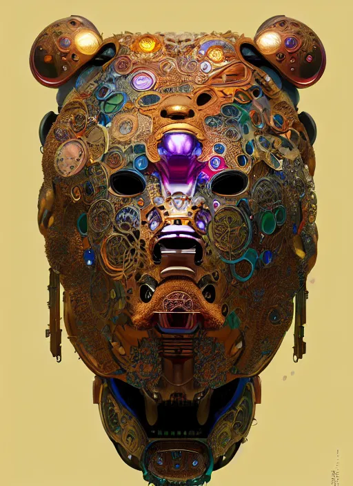 Image similar to organic cyborg, asian brightly coloured bear mask opening, diffuse lighting, fantasy, intricate, elegant, highly detailed, lifelike, photorealistic, digital painting, artstation, illustration, concept art, smooth, sharp focus, art by John Collier and Albert Aublet and Krenz Cushart and Artem Demura and Alphonse Mucha
