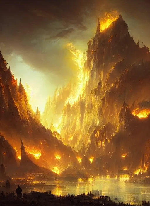 Image similar to a fantasy golden city smoulders, embers fly, epic atmosphere, by greg rutkowski, nature by asher brown durand, composition by yoshitaka amano