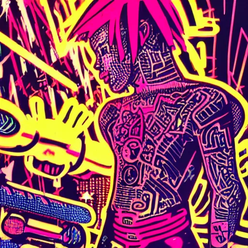 Prompt: pop art of a punk at a japanese metal concert in a cyberpunk world, bright neon colors, intricate details, complementary colors, detailed face, backlighting, octane render, depth of field, extremely detailed, trending in artstation, focus on face, sharp focus, radiant light, beautiful composition, drawn by roy lichtenstein, keith haring, romero britto
