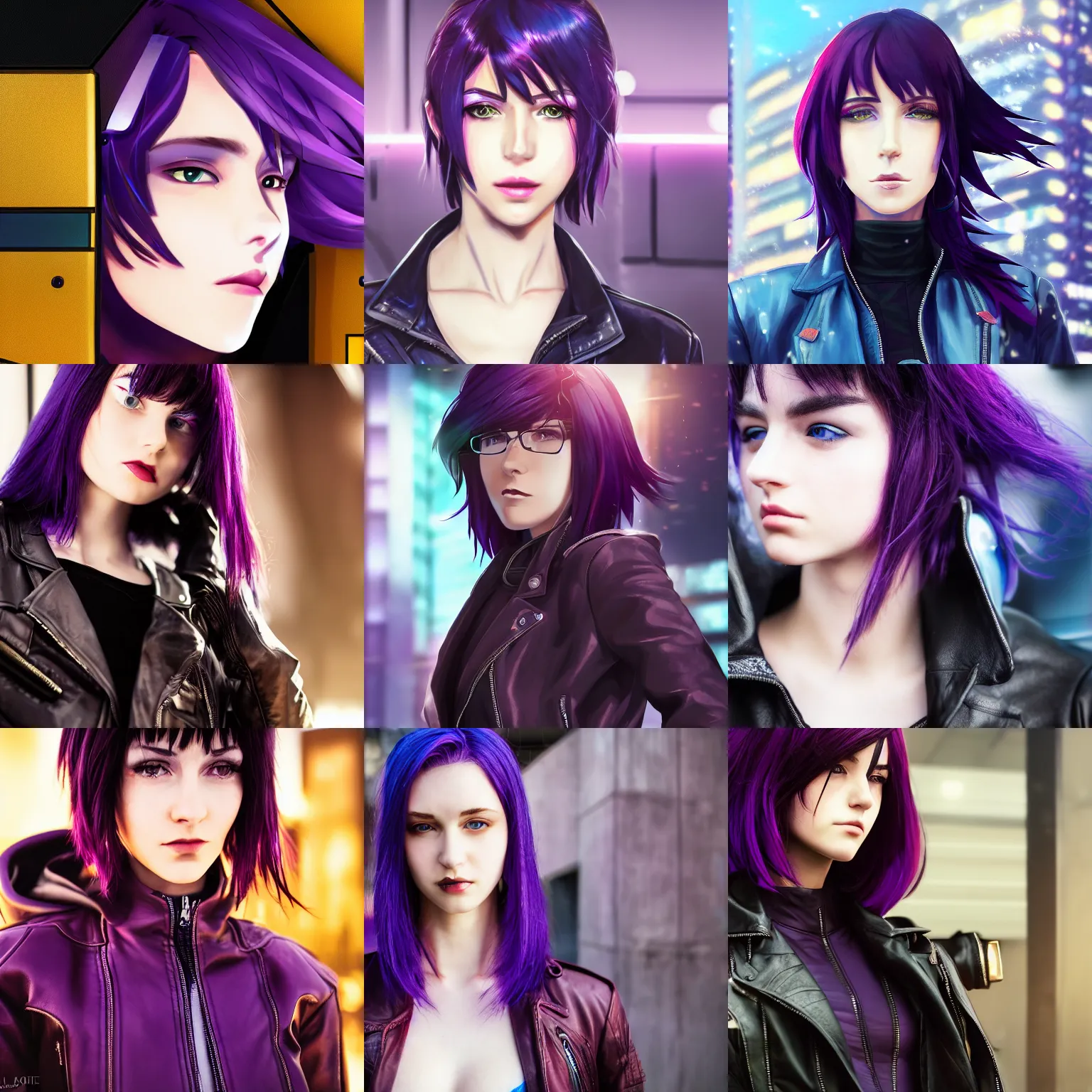 Prompt: close up portrait of a caucasian young cyberpunk woman, dark purple hair, cybernetics, leather jacket, vibrant dynamic portrait by makoto shinkai