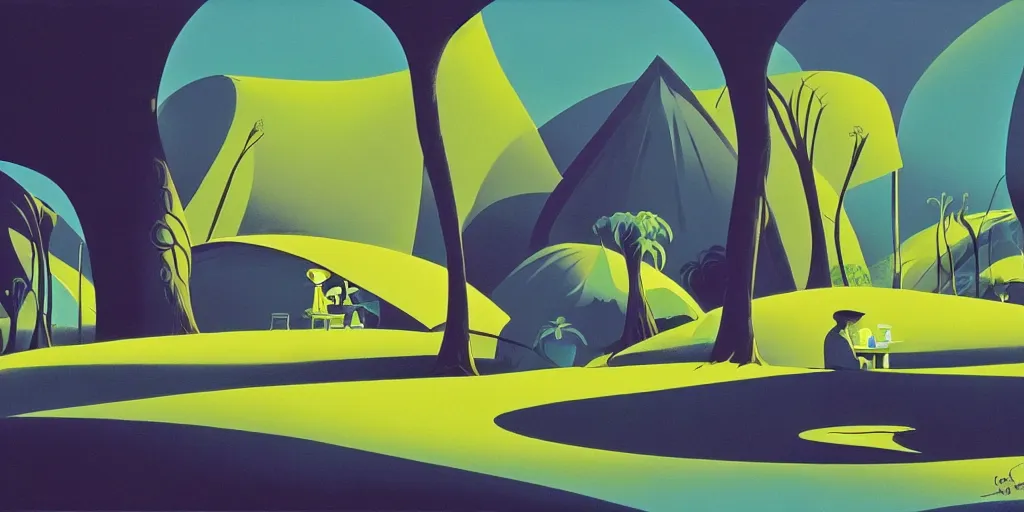 Prompt: oasis with a tent, gouache, animated film, stylised, illustration, by eyvind earle, scott wills, genndy tartakovski, syd mead