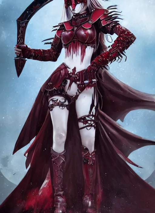 Prompt: female vampire knight, barefoot, full plate armor, heavy armor, carnival mask, giant two - handed sword dripping blood, crimson wings, grinning, barefeet, fantasy art.