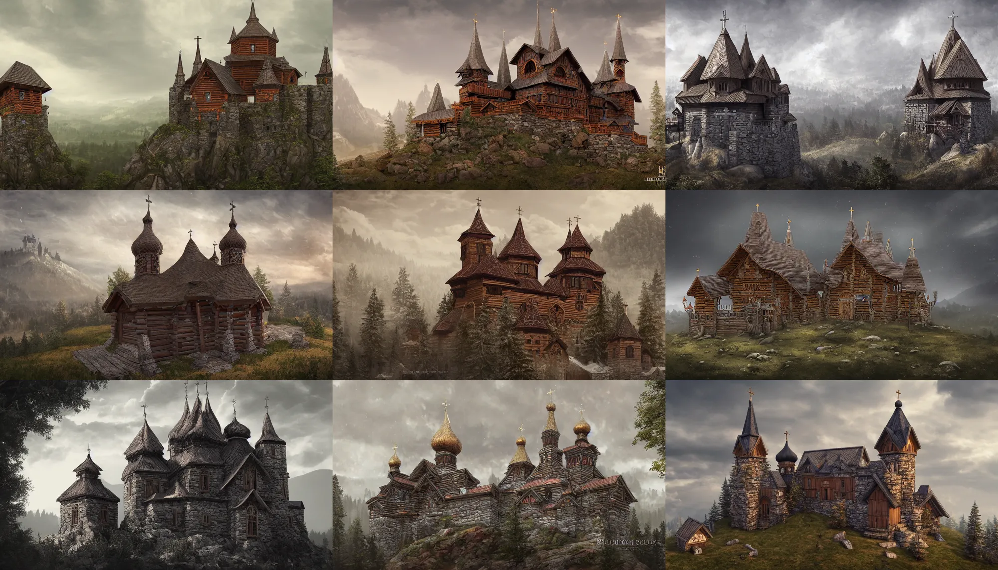 Prompt: tall castle enclosed palisaded, with christian wooden churches and domes on them, log houses built on hills, slavic, russian, slovenian, tartarian architecture, gray skies,, hyper - detailed, artstation, cgsociety, 8 k