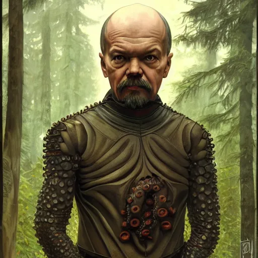 Image similar to photo of vladimir lenin as humanoid octopus hybrid were a heroic dress an armour in the forest, highly detailed, digital painting, artstation, smooth, sharp focus, illustration, art by artgerm and greg rutkowski and alphonse mucha