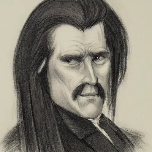 Image similar to charcoal portrait of an austrian gentleman, long black hair, evil