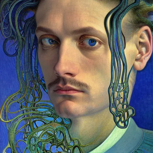 Image similar to realistic extremely detailed portrait painting of an average man ,futuristic , by Jean Delville, Amano, Yves Tanguy, Alphonse Mucha, Ernst Haeckel, Edward Robert Hughes, Roger Dean, rich moody colors, blue eyes