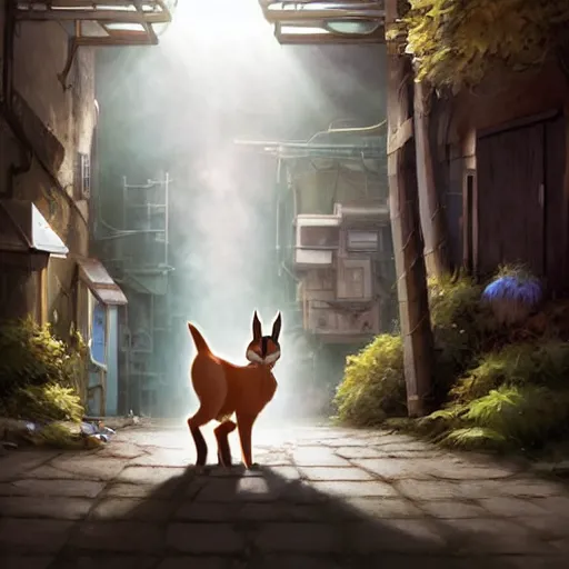 Image similar to a wholesome animation key shot of a focused cute caracal in an abandoned alleyway, medium shot, waist up, studio Ghibli, Pixar and Disney animation, sharp, very detailed, high resolution, Rendered in Unreal Engine 5, anime key art by Greg Rutkowski, Bloom, dramatic lighting