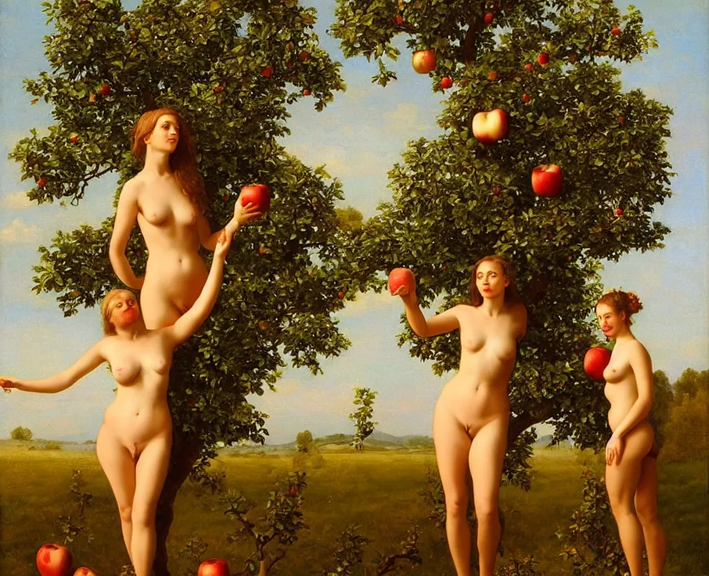Prompt: Beautiful naturist women stand on the side of a lonely apple tree facing the camera holds apple in hand, classical painting, symmetrical, realism, golden hour