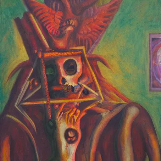 Image similar to portre of an autistic demon on acid, masonic and kabalistic symbols in background, oil painting