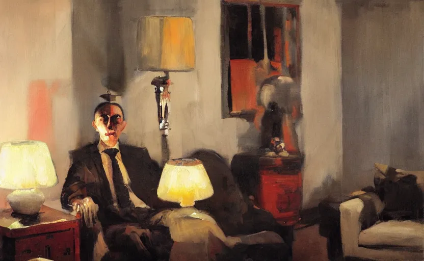 Image similar to a thin man with a lampshade on his head in a dark living room, painted by phil hale and rick berry and jeremy mann, highly detailed