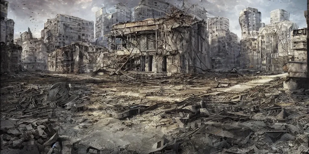 Image similar to dilapidated detailed buildings, beautiful concept art of donetsk during war