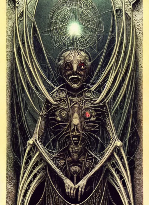 Image similar to symmetrical tarot card, H.R. Giger art, the blind oracle of cold biomechanics, detailed, intricate, elegant, cgsociety, haunting, luxurious, ominous, matte painting, cinematic, Brian Froud, Yoshitaka Amano, Hiroshi Yoshida, Wayne Barlowe