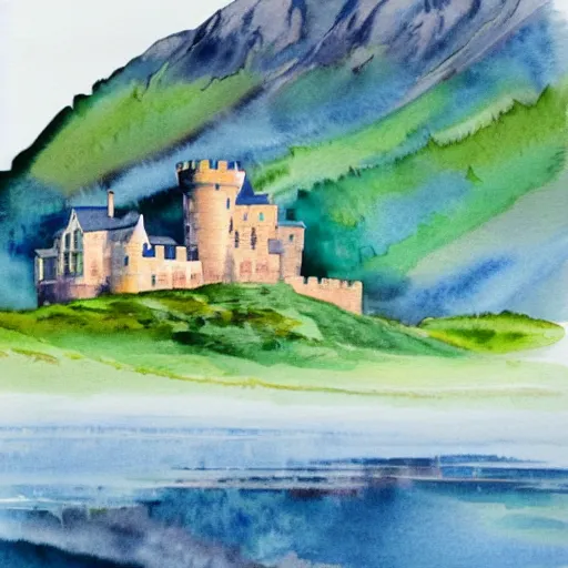 Prompt: beautiful scottish castle mountaintop watercolour mcdonalds resteraunt