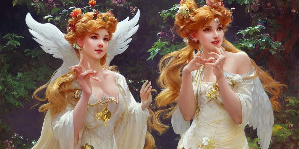 Image similar to princess peach as a beautiful angel, by Stanley Artgerm Lau , greg rutkowski, thomas kindkade, alphonse mucha, loish, norman Rockwell