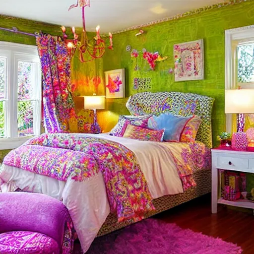 Image similar to a cozy bedroom decorated by Lisa Frank, detailed, high resolution, wow!, intricate