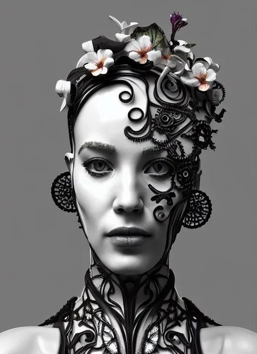 Image similar to monochrome 3 d model, biomechanical young female cyborg with porcelain profile face and a big floral eye, big leaves foliage and stems, hibiscus flowers, boho floral vines, sinuous fine roots, fine filigree foliage lace, alexander mcqueen, rim light, art nouveau fashion pearl embroidered collar, steampunk, redshift render, 8 k