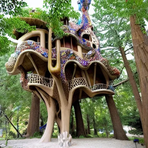 Prompt: Gaudí treehouse, Gaudí inspired, realistic,