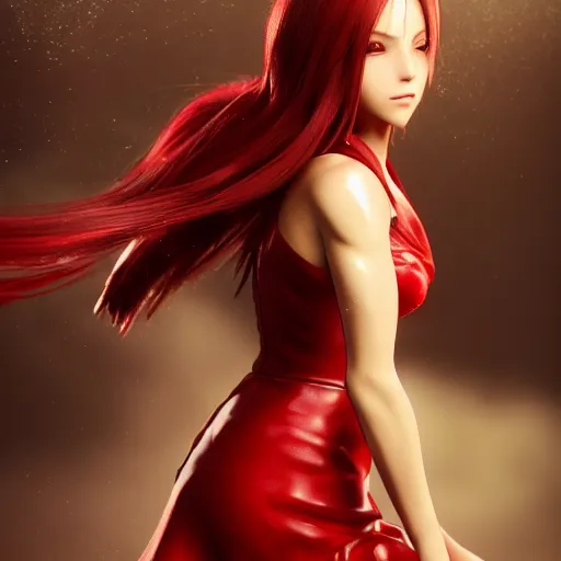 Prompt: epic scene of very attractive final fantasy vii female character, detail face, lovely eyes and detailed lips, cheek, with amazing detail red dress, feet in high heels, side view ) ( fighting ) hyper realistic 3 d render, art station, particles, epic scene, mucha, clouds, seductive jump pose, blur focus, action,