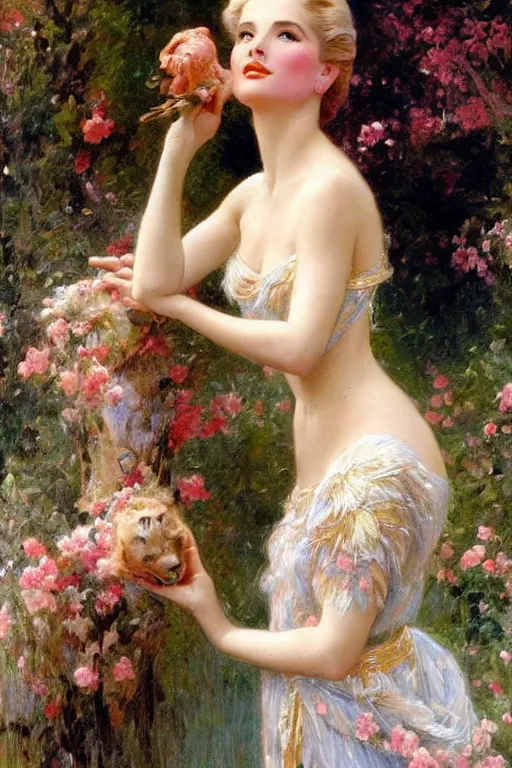 Image similar to A young and extremely beautiful Grace Kelly explaining the birds and the bees in the style of Gaston Bussière, art nouveau, art deco, surrealism. Extremely lush detail. Perfect composition and lighting. Very surreal flowers and animals and setting. Sultry.