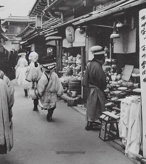 Image similar to 1 8 th century japanese street market in kyoto, 1 9 0 0 s photography, portrait anthro anthropomorphic fox head animal person fursona wearing clothes street trader