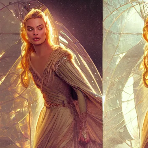 Image similar to margot robbie as galadriel by leonardo divinci, greg rutkowski, alphonse mucha, mystical cosmic lighting, octane render, artstation, rey tracing, golden ratio, rule of thirds, perfect composition