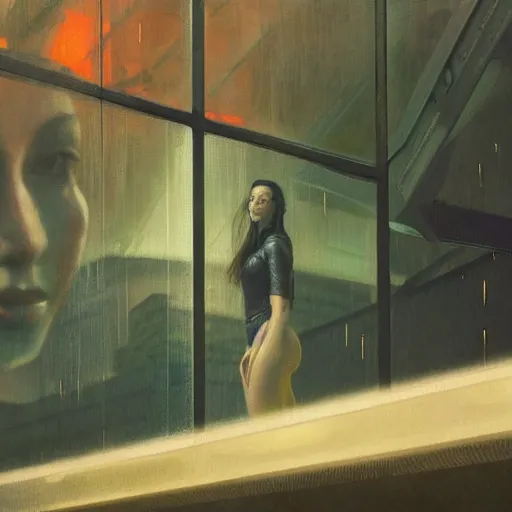 Image similar to detailed portrait of a woman, moment, cyberpunk observation deck, electronic billboards, tech noir, wet reflections, atmospheric, ambient, livia prima, greg rutkowski, edward hopper, pj crook