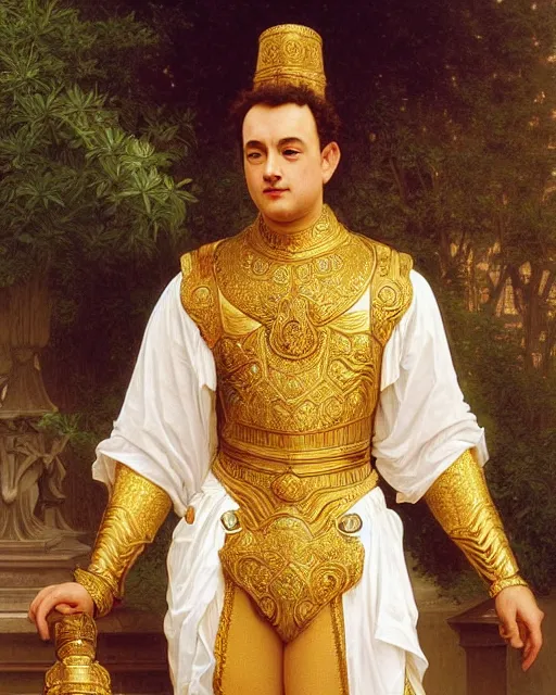 Image similar to Tom Hanks, dressed in ornate, detailed, intricate golden armor, detailed oil painting by William Adolphe Bouguereau