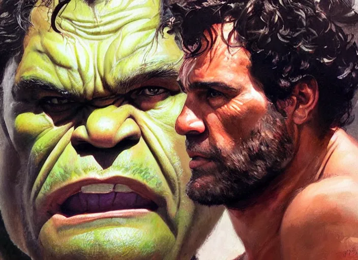 Prompt: a highly detailed beautiful portrait of mark ruffalo as the hulk, by gregory manchess, james gurney, james jean