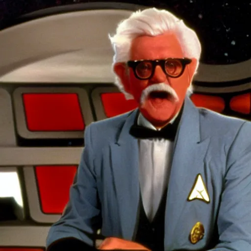 Image similar to A still of Colonel Sanders as a Captain on Star Trek The Next Generation