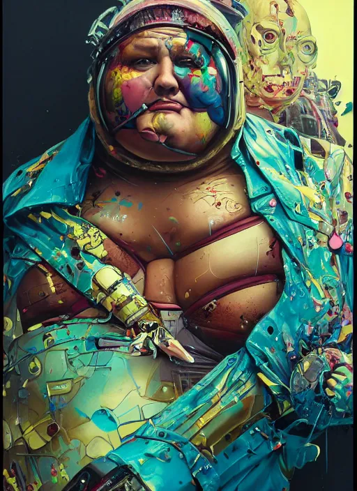 Prompt: morbidly obese ironman, by Tristan Eaton, Stanley Artgermm, Tom Bagshaw, Greg Rutkowski, Carne Griffiths. trending on DeviantArt, face enhance, hyper detailed, trending on Artstation, 8k, masterpiece, graffiti paint, fine detail, full of color, intricate detail, golden ratio illustration