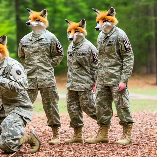 Image similar to a group of fox animals dressed in modern american military soldier uniforms, foxes laughing at a computer, 8 5 mm f / 1. 4