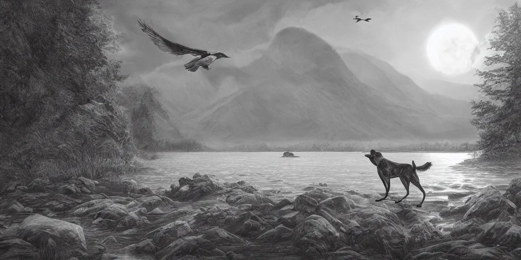 Prompt: A majestic landscape featuring a river, mountains and a forest. A group of birds is flying in the sky. There is a dog and an old man standing, wearing a backpack and staring at the sunset. Cinematic, very beautiful, pencil drawing