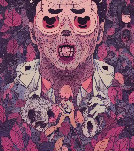 Prompt: portrait, nightmare anomalies, leaves with yakuzas by miyazaki, violet and pink and white palette, illustration, kenneth blom, mental alchemy, james jean, pablo amaringo, naudline pierre, contemporary art, hyper detailed