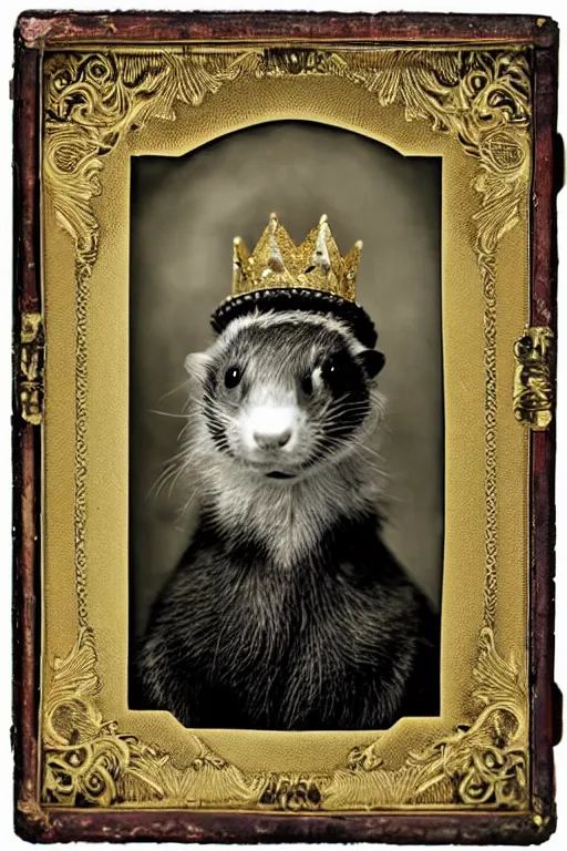 Image similar to a magnificent wet plate photo of a ferret king, wearing a crown, wearing a robe